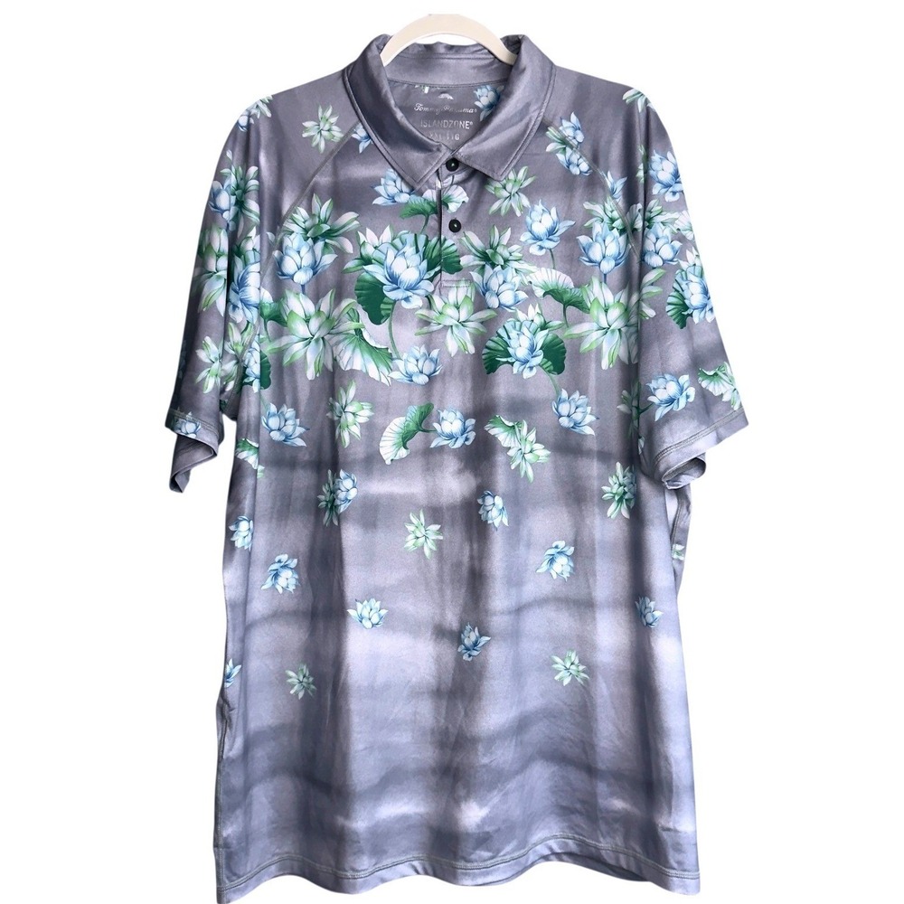 Tommy Bahama Mens XXL Sailing Lotus Short Sleeve Polo Silver Blue NWT